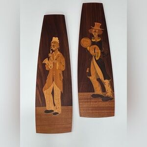 Pair of Vintage Italian Inlaid Wood Marquetry Musical Clowns